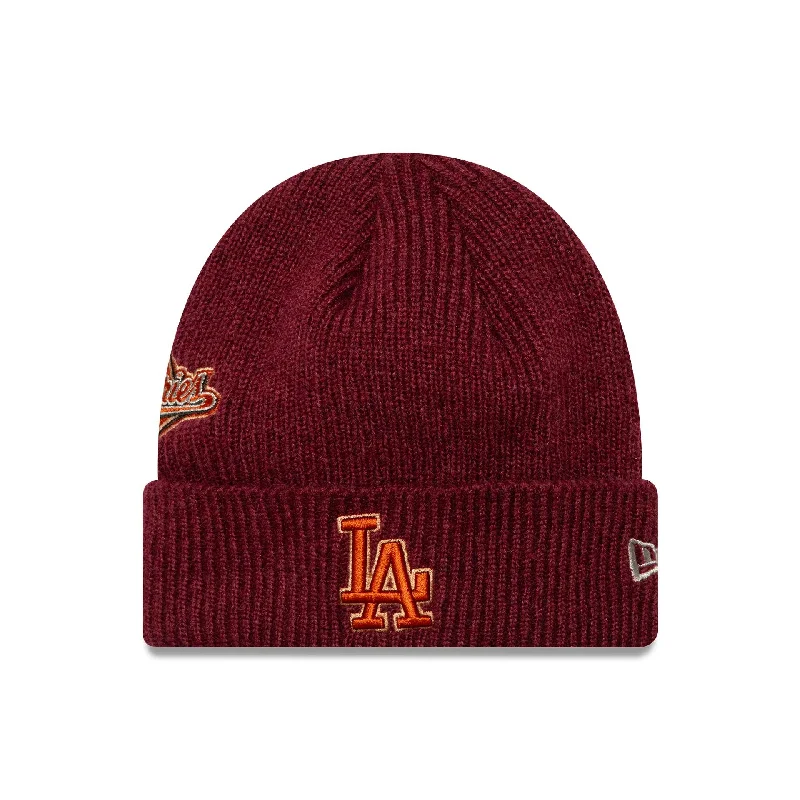 LA Dodgers World Series Patch Dark Red Cuff Knit Beanie Hat