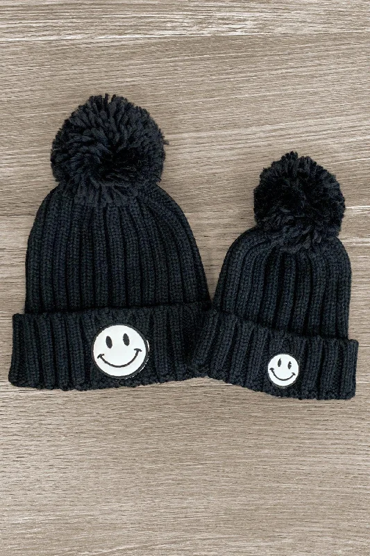 Mom & Me - Black Smiley Face Beanie