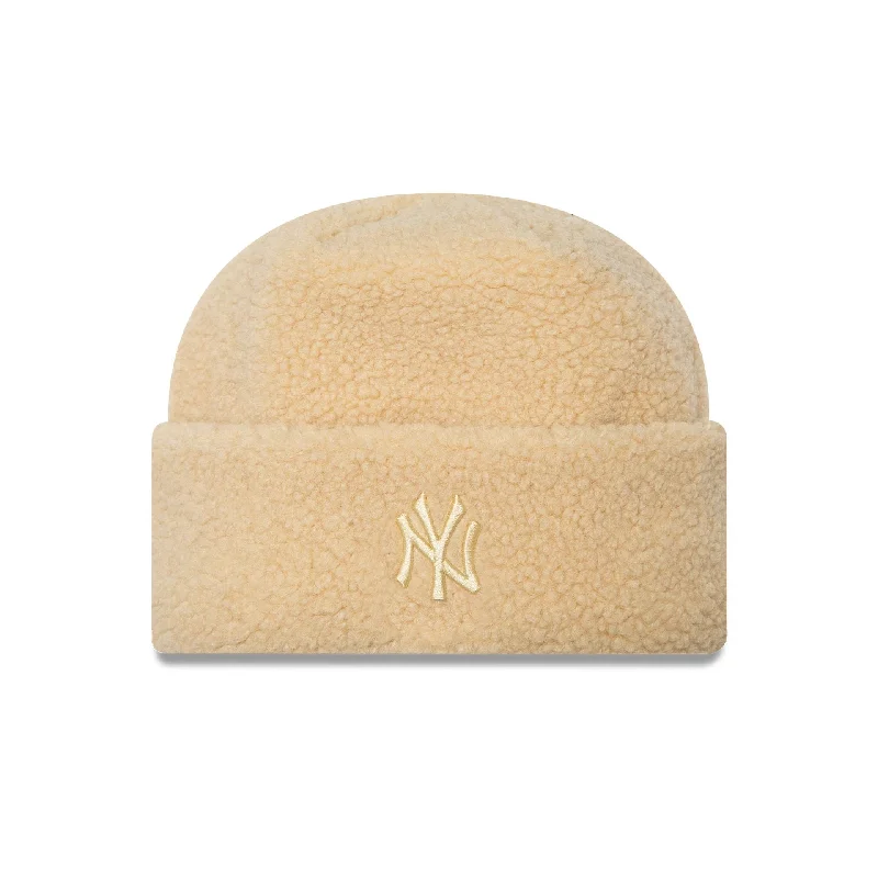 New York Yankees Womens Borg Light Beige Cuff Knit Beanie Hat