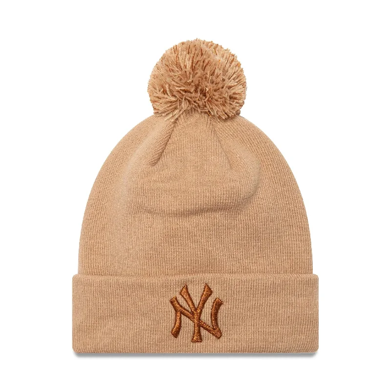 New York Yankees Womens Metallic Beige Bobble Knit Beanie Hat