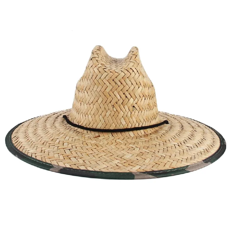 GEMVIE Straw Hat for Men and Women Lifeguard Sun Hat Summer Beach Hat Wide Brim Pure Black Patch Print