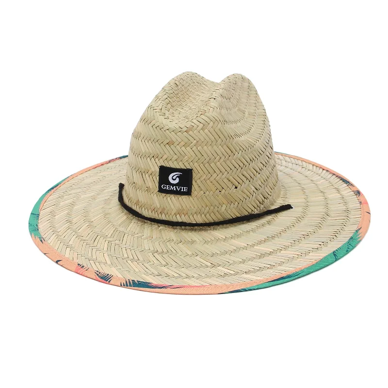 GEMVIE Women Mens Western Cowboy Straw Hat Printed Roll Brim Straw Sun Hat Beach Straw Lifeguard Hat for Fishing/Outdoor