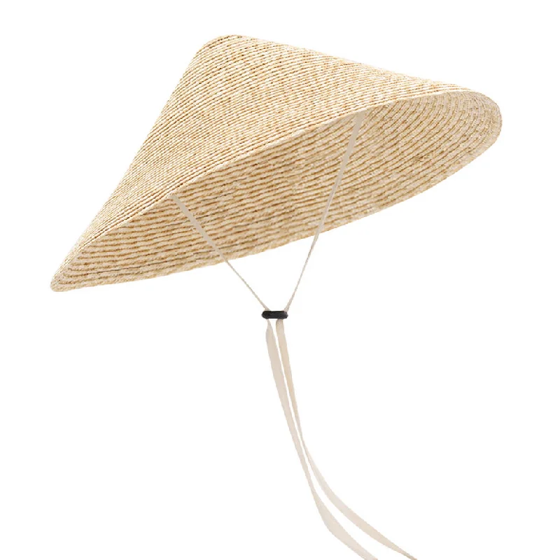 Gemvie Women's Large Brim Straw Sun Hat Traditional Oriental Bamboo Straw Cone Garden Fishing Hat with Chin Strap Brim:25CM Beige