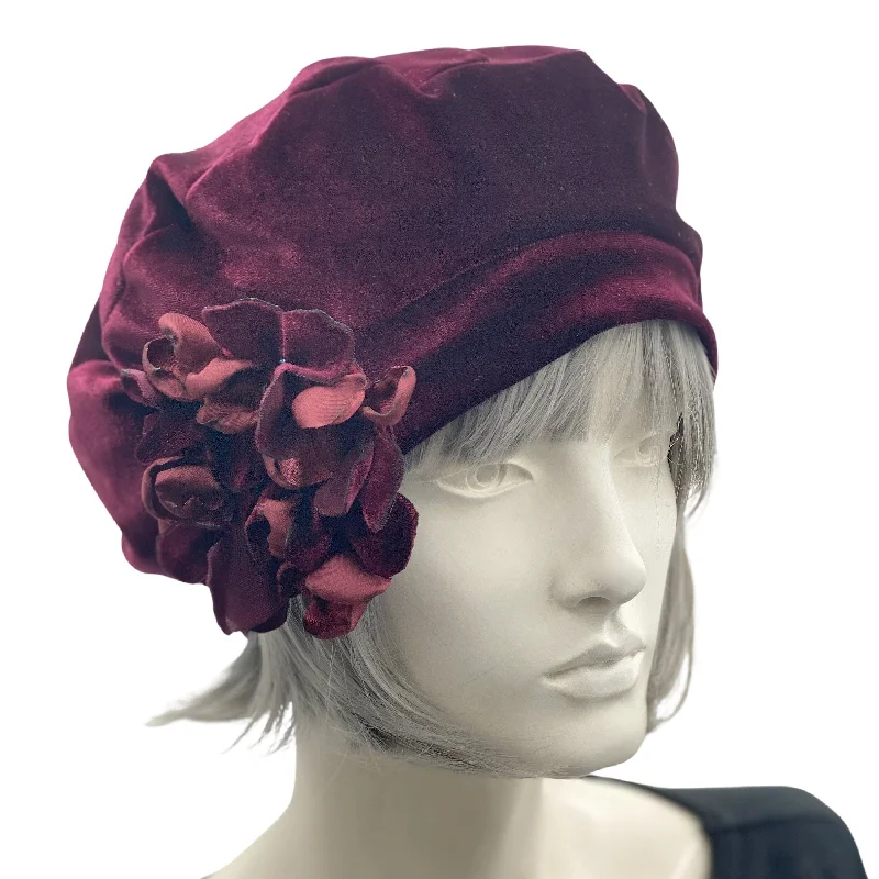 Soft Beret with Hydrangea Petals in Burgundy or Black Velvet