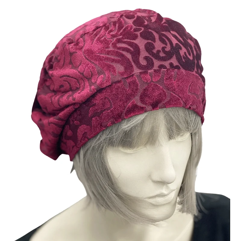 Textured Velvet Beret Hat in Wine with Satin Lining