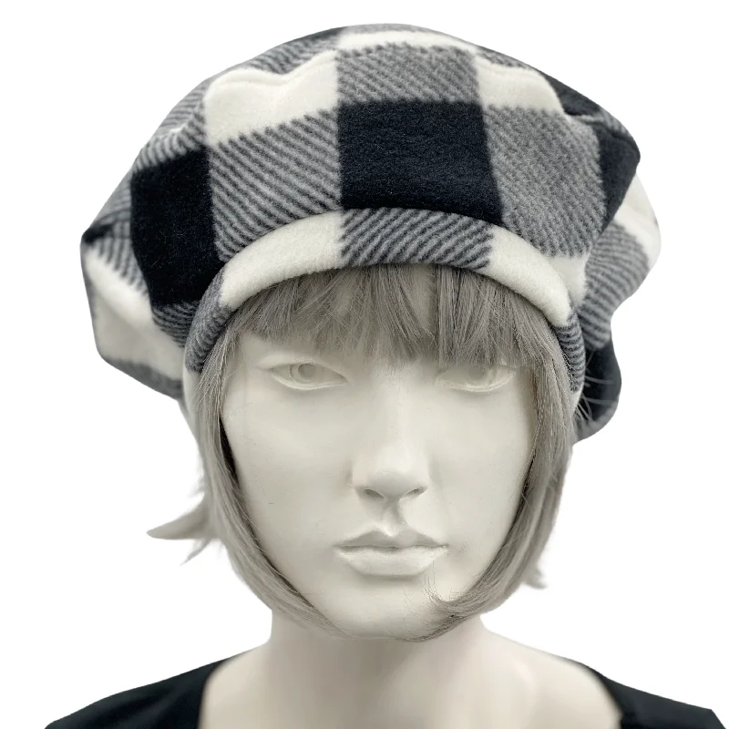 Beret Hat in Buffalo Check Print Fleece