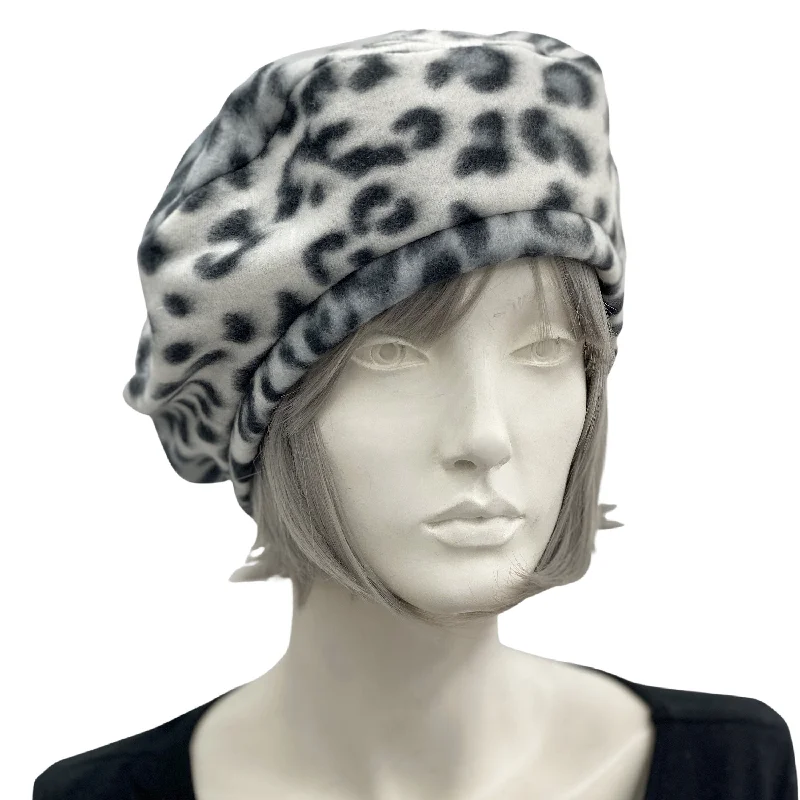 Beret Hat in Leopard Print Fleece