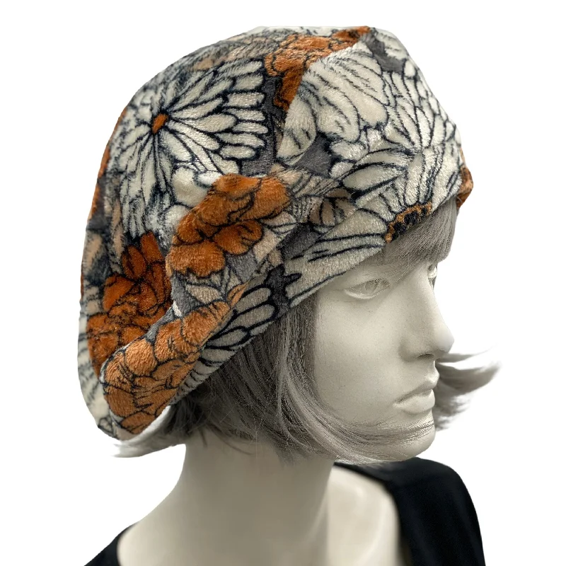 Floral fleece Satin Lined Beret Hat in Autumnal Colors