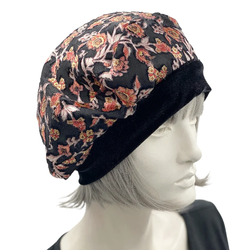 Beret in Black and Orange Floral Lightweight Velvet