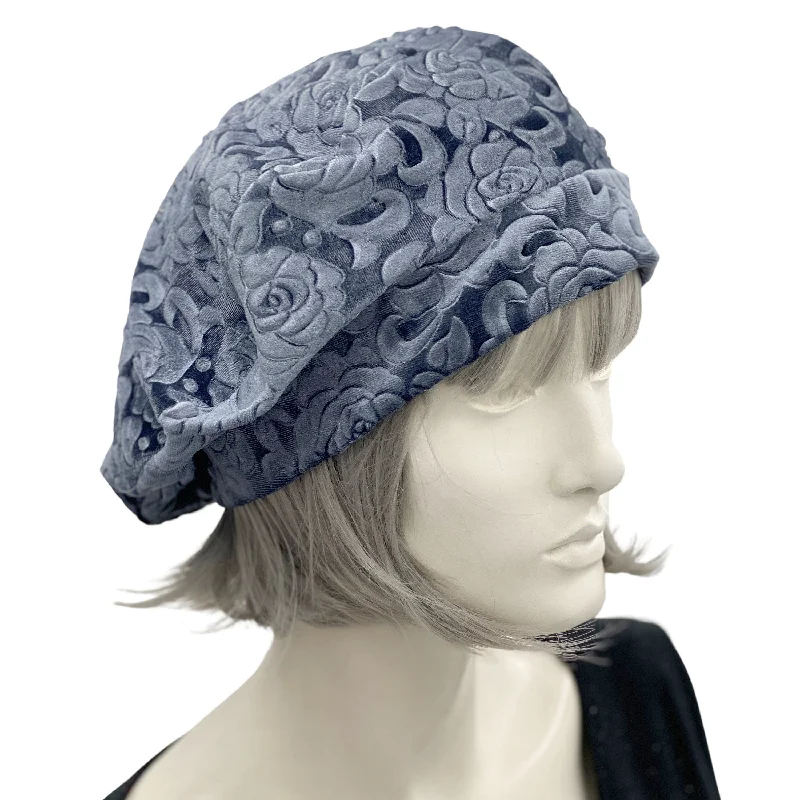 Silver Gray Embossed Velvet Beret