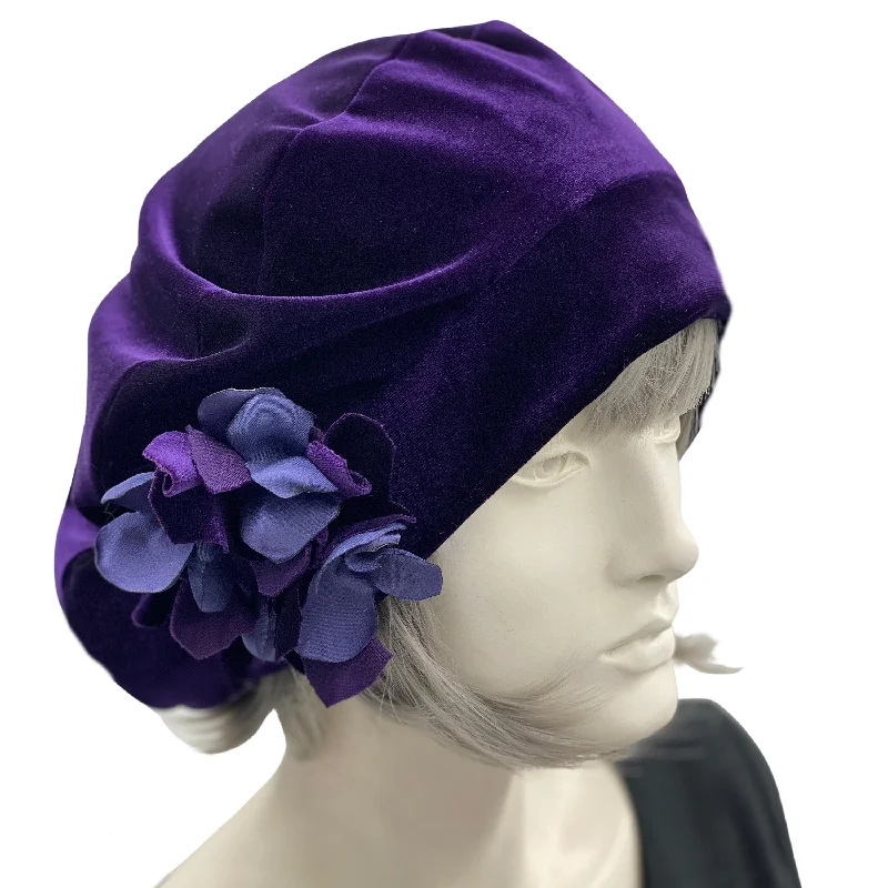 Deep Purple Velvet Beret with Hydrangea Embellishment