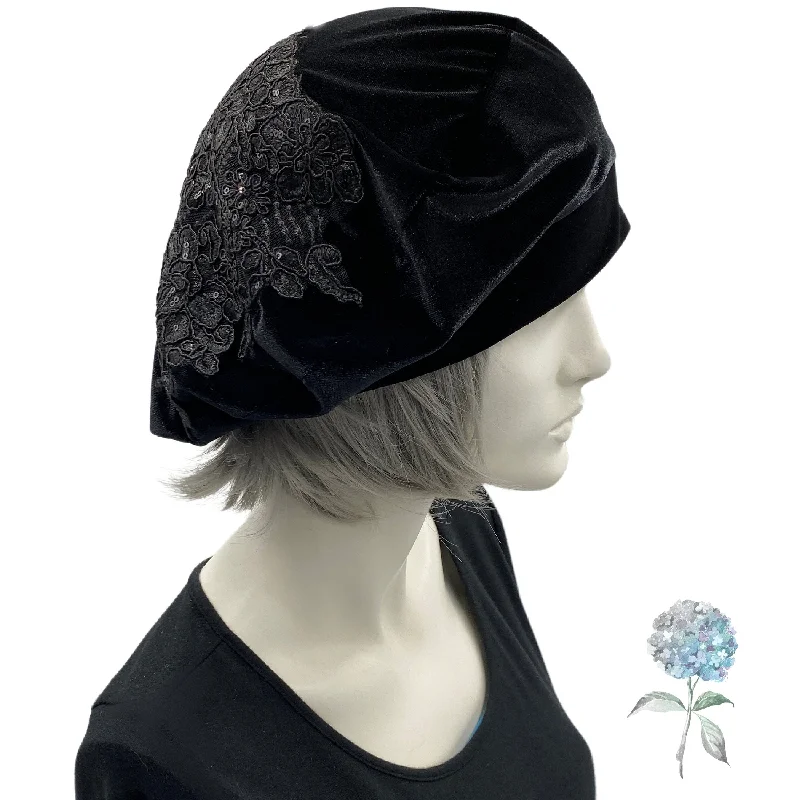 Black Velvet Beret Hat with Lace and Bead Appliqué