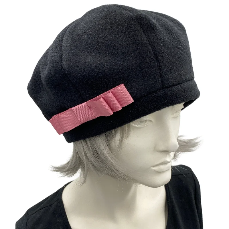 Black Beret Handmade in Polartec Fleece with Cute Bow Detail