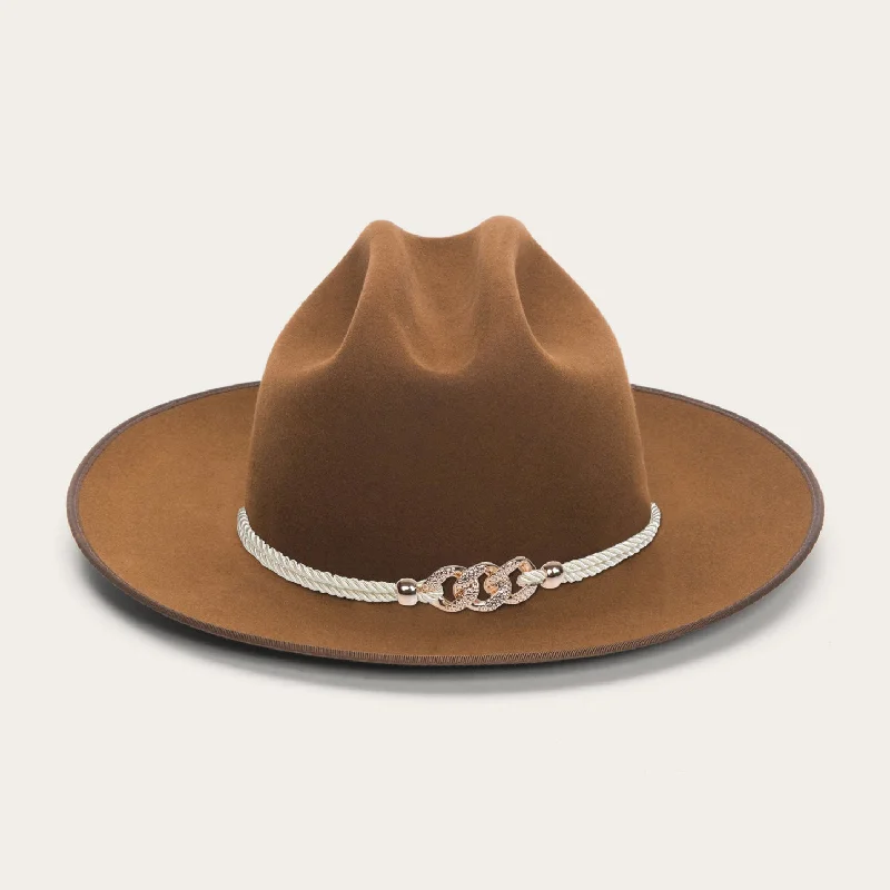 Classic Wide-Brim Khaki Cowboy Hat with Elegant Silver Rope Band and Buckle