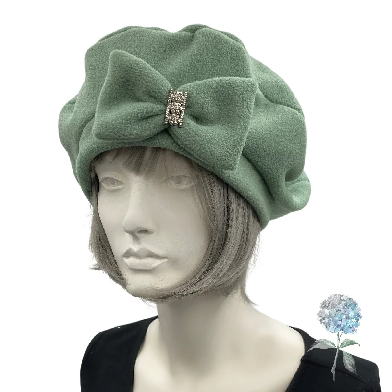 Cute Beret in Sage Green Fleece with Removable Bow