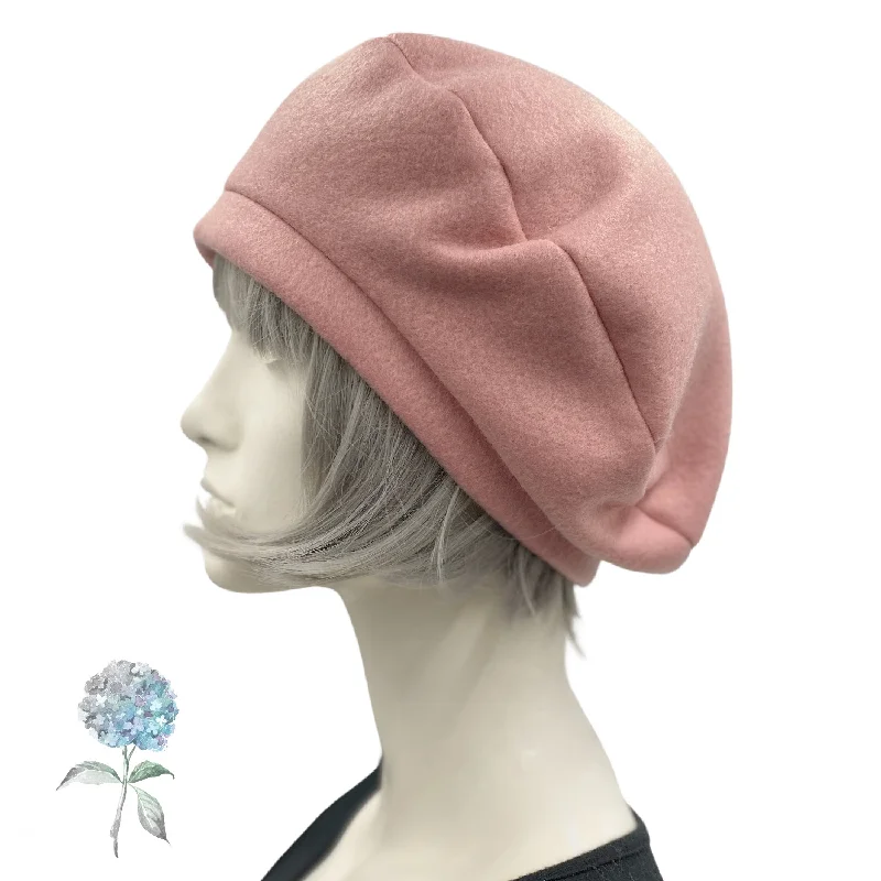 Dusky Pink Fleece Beret - Satin Lined Winter Hat