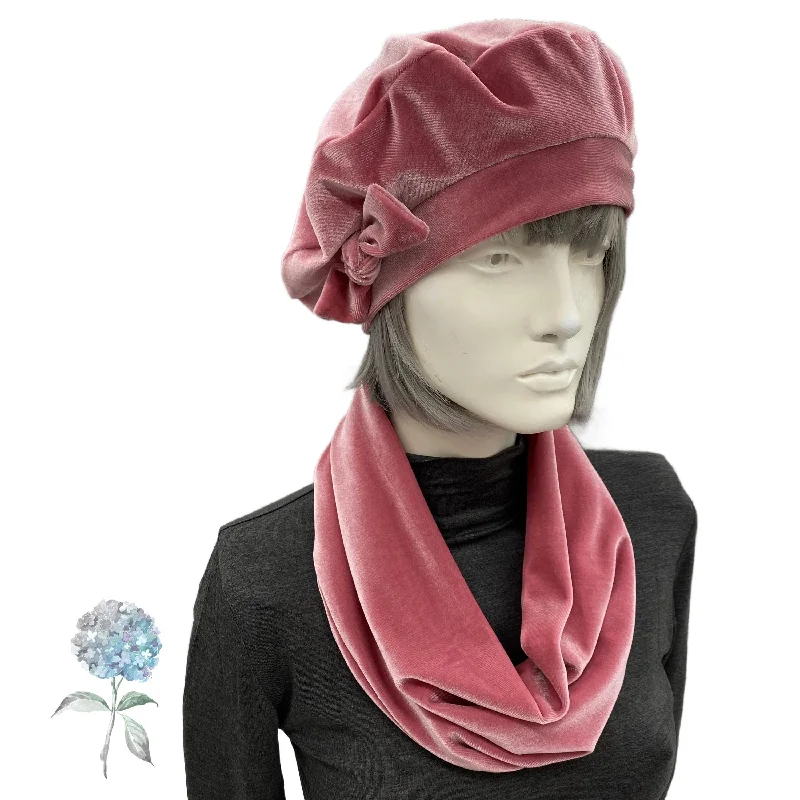 Velvet Beret Hat and Single Loop Infinity Scarf in Several Color Options