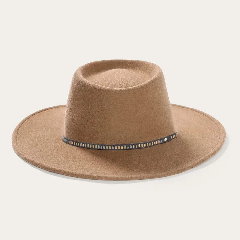 Elegant Wide-Brim Light Brown Hat with Blue Ribbon and White Accents