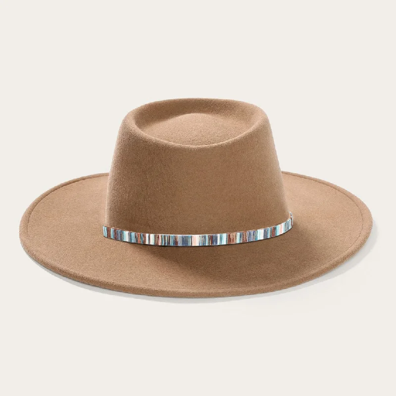 Elegant Wide-Brim Light Brown Hat With Multicolor Stripe Band and Metal Buckle