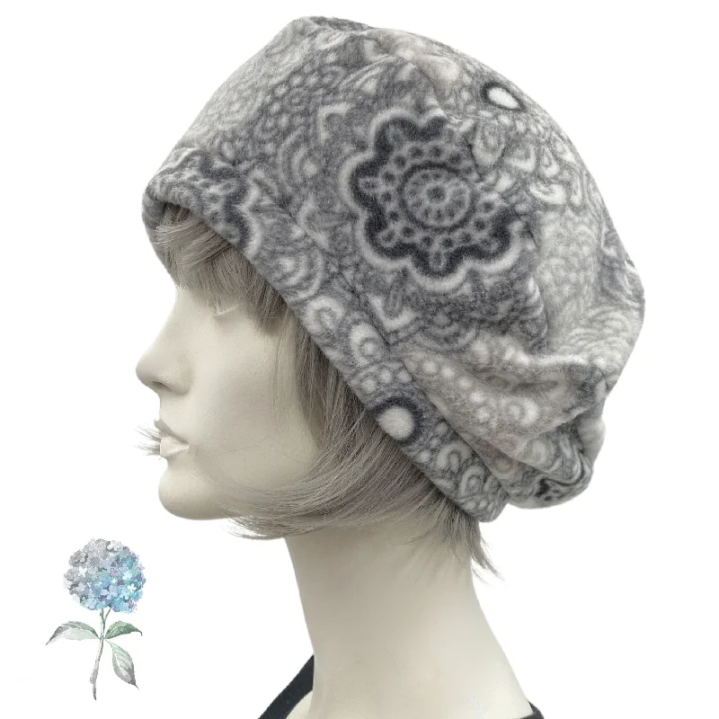 Fleece Beret Satin Lined Gray Floral