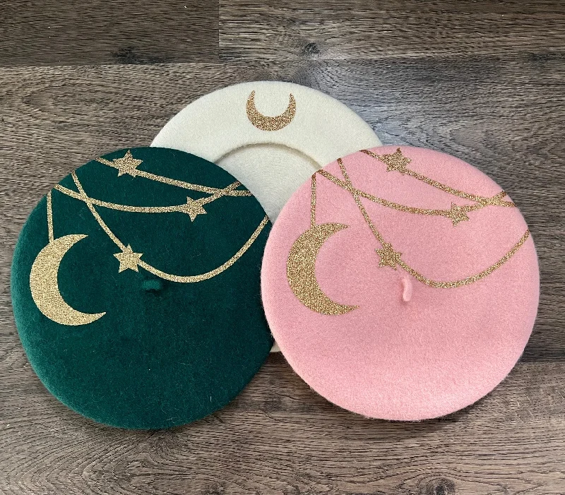 Vegan Beret - Gold Hanging Moon and Stars