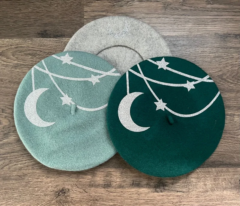 Vegan Beret - Silver Hanging Moon and Stars