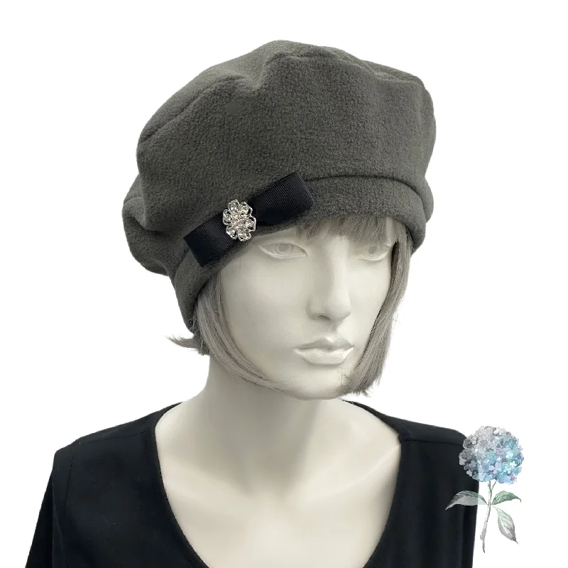 Gray Fleece Beret with Black Bow and Rhinestone Button