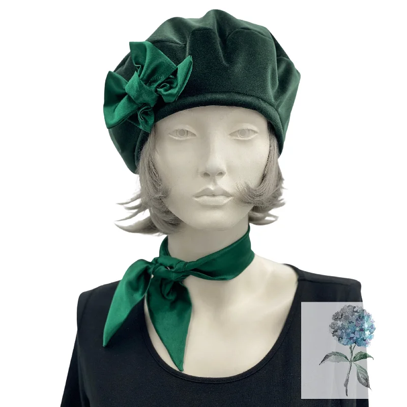 Green Velvet Beret with Satin Bow and Matching Neck Scarf Tie