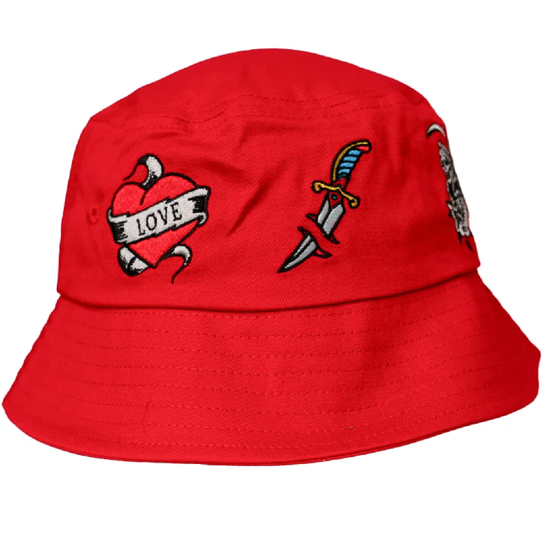 AMERICAN TRADITIONAL TATTOO STYLE PATCHES BUCKET HAT (RED)