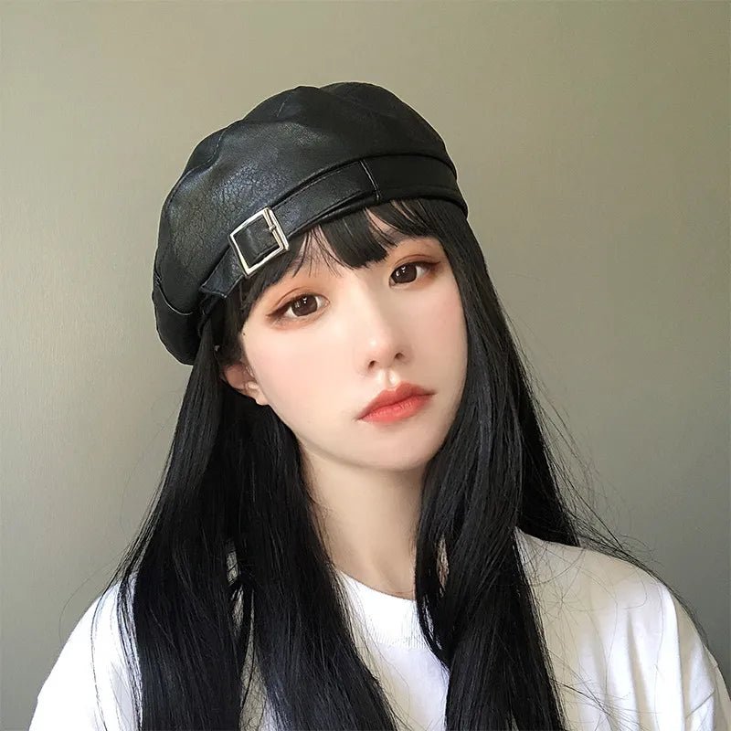 Leather Beret With Faux Leather and Buckle