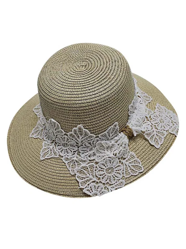 Natural Lace Trim Wide Brim Bucket Sunhat