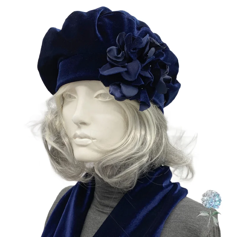 Navy Blue Velvet Beret Hat Accented with Hydrangea Flower