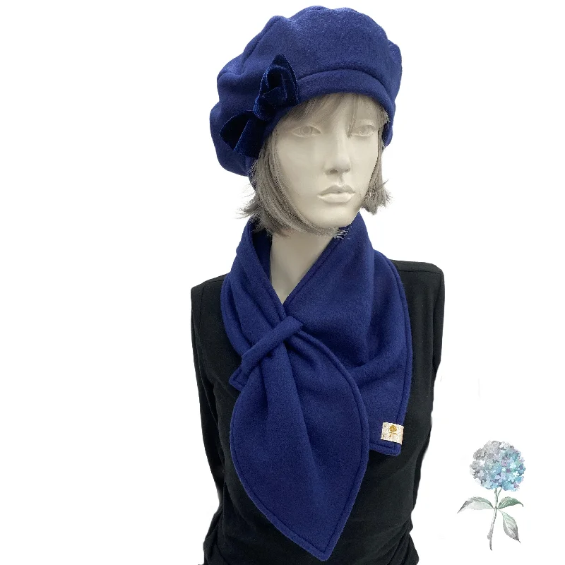 Blue Fleece Beret with Velvet Bow and Neck Warmer