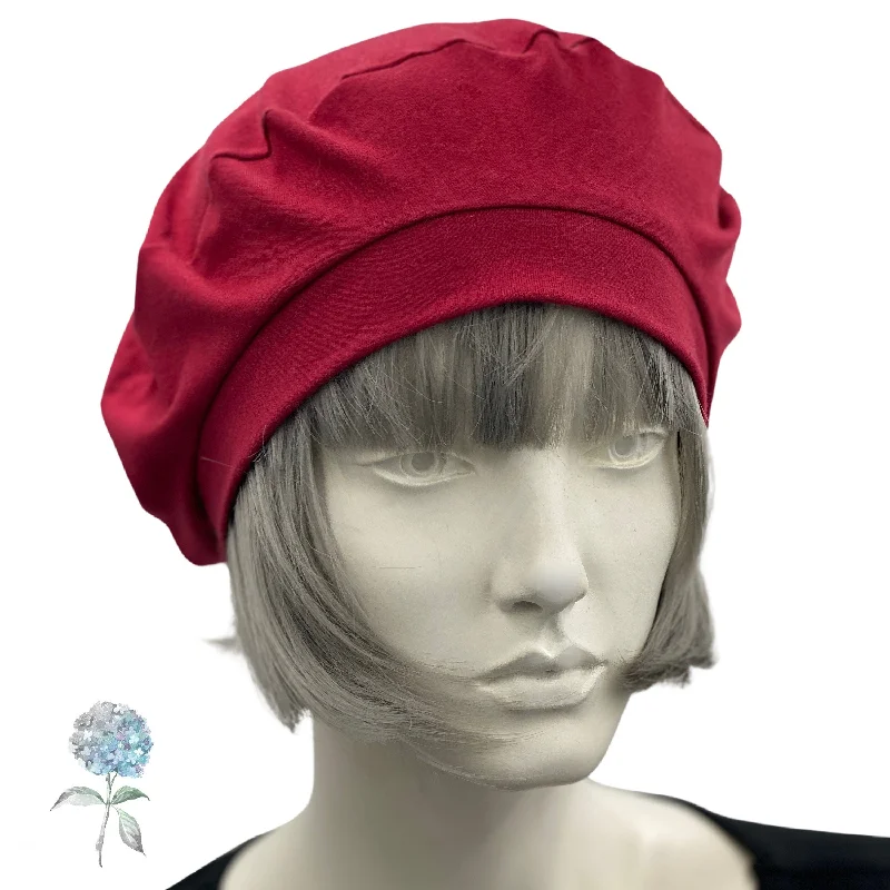 Deep Red Beret Handmade in Jersey and Satin Lined