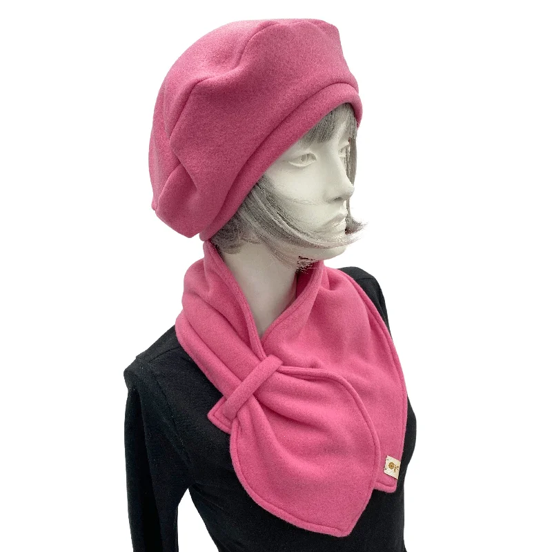 Rose Pink Fleece Beret and Matching Neck Scarf