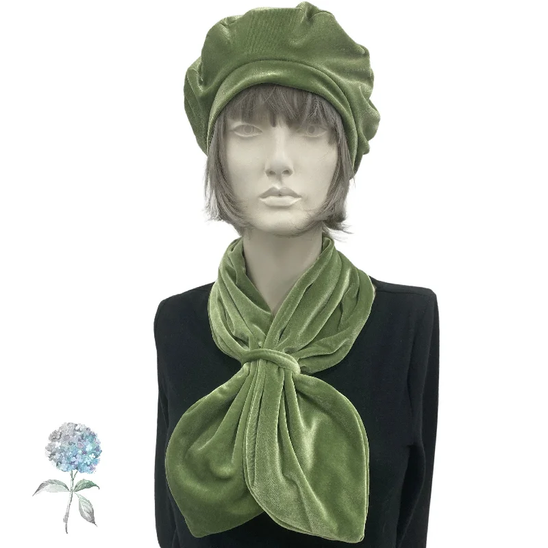 Sage Green Velvet Beret and Neck Warmer Women