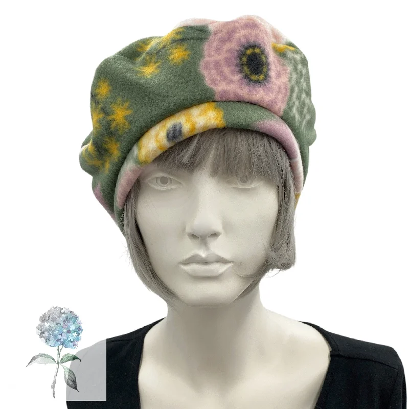 Womens Beret Hat in Floral Green - Satin Lined Winter Hat