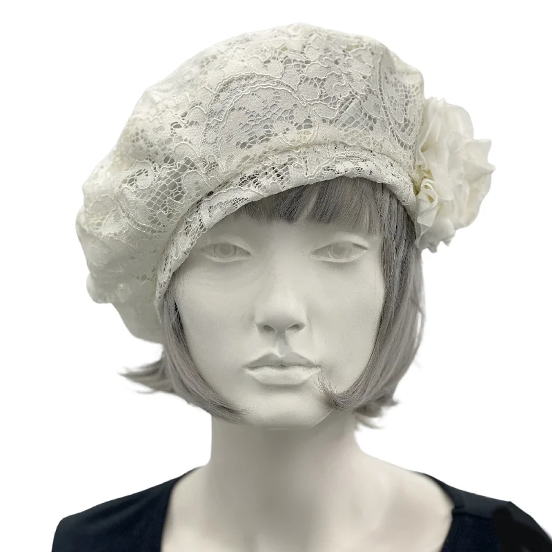 Summer Beret in Cream Lace Hat with Chiffon Rose