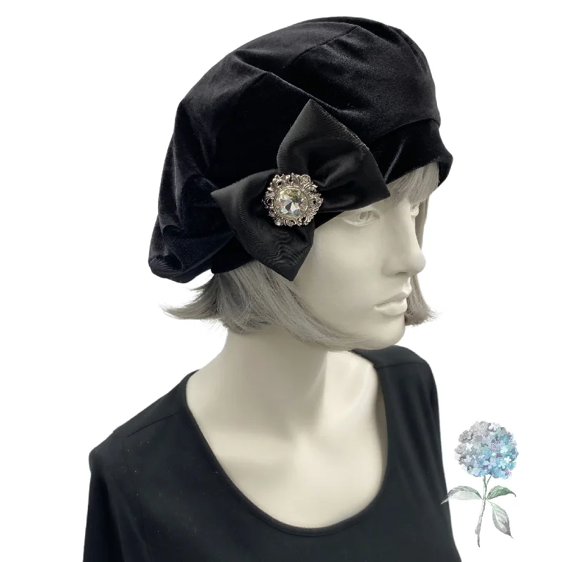 Black Velvet Beret with Satin Bow and Rhinestone Embellishment