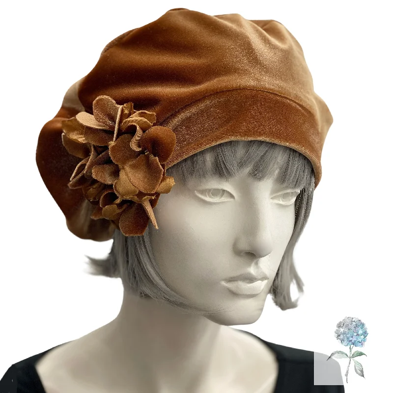 Velvet Beret with Hydrangea Flowers in Butterscotch Toffee