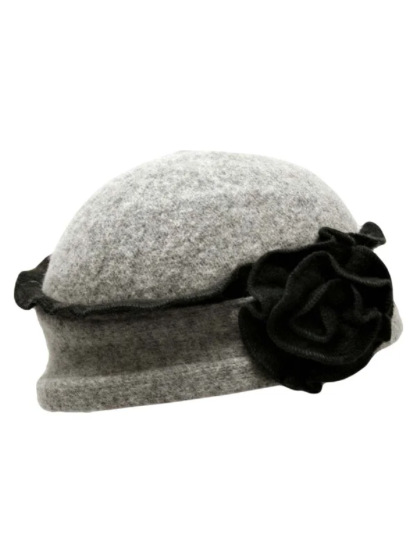 Two-Tone Grey Wool Cloche Hat With Rosette